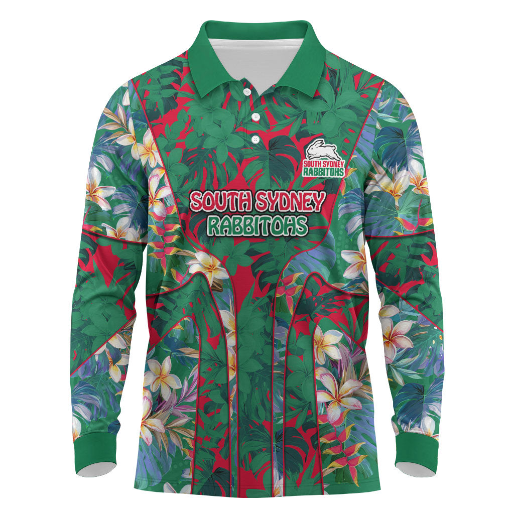 South Sydney Rabbitohs Long Sleeve Polo Shirt Tropical Hibiscus Floral Pattern With Green And Red Accents