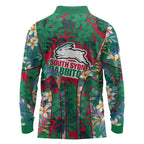 South Sydney Rabbitohs Long Sleeve Polo Shirt Tropical Hibiscus Floral Pattern With Green And Red Accents