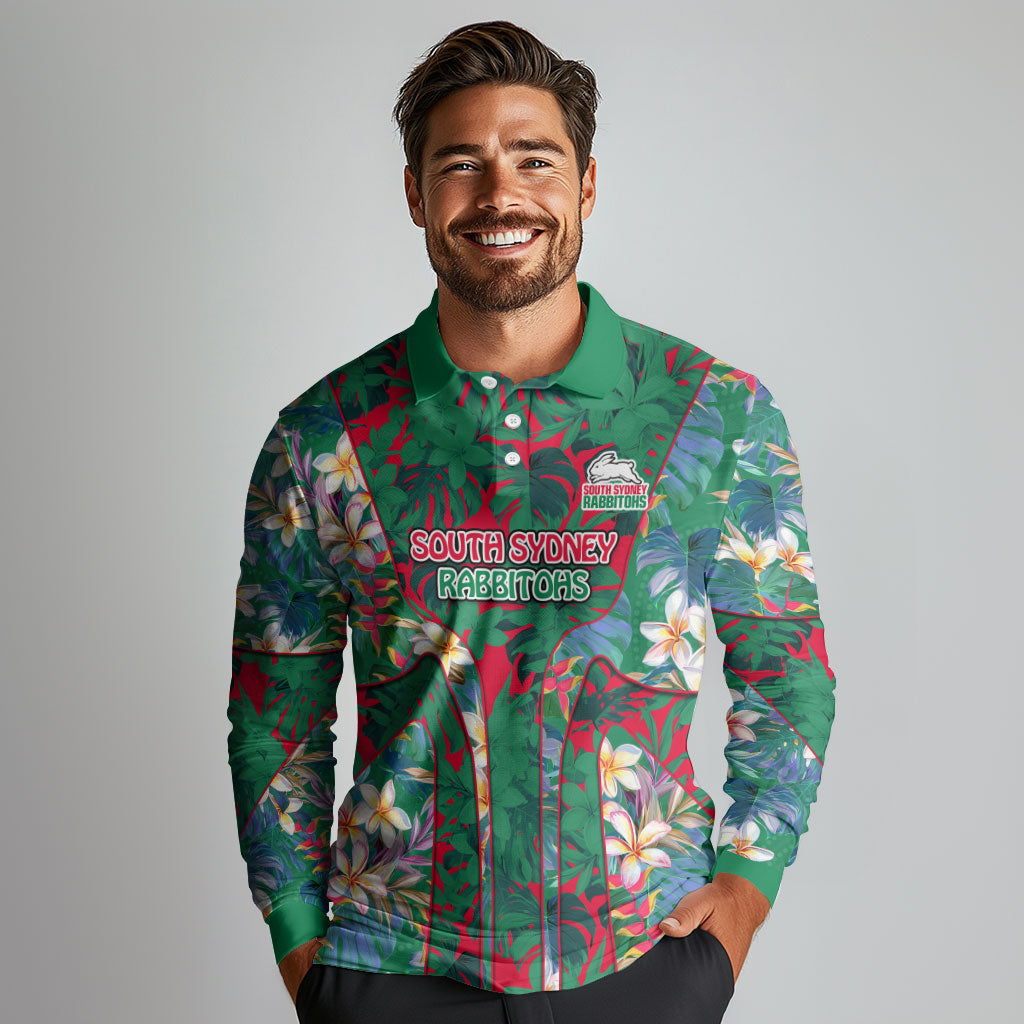 South Sydney Rabbitohs Long Sleeve Polo Shirt Tropical Hibiscus Floral Pattern With Green And Red Accents