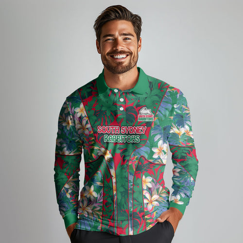South Sydney Rabbitohs Long Sleeve Polo Shirt Tropical Hibiscus Floral Pattern With Green And Red Accents