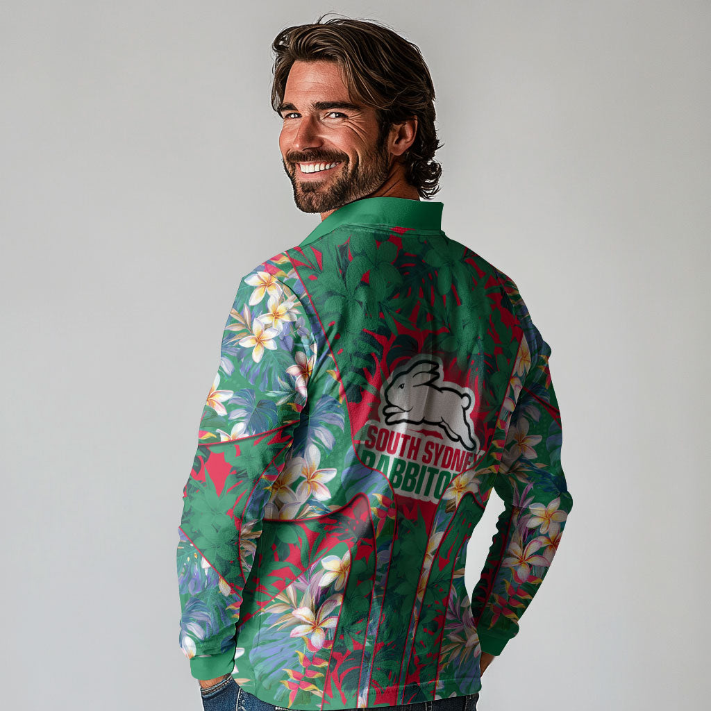 South Sydney Rabbitohs Long Sleeve Polo Shirt Tropical Hibiscus Floral Pattern With Green And Red Accents