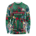 South Sydney Rabbitohs Long Sleeve Shirt Tropical Hibiscus Floral Pattern With Green And Red Accents