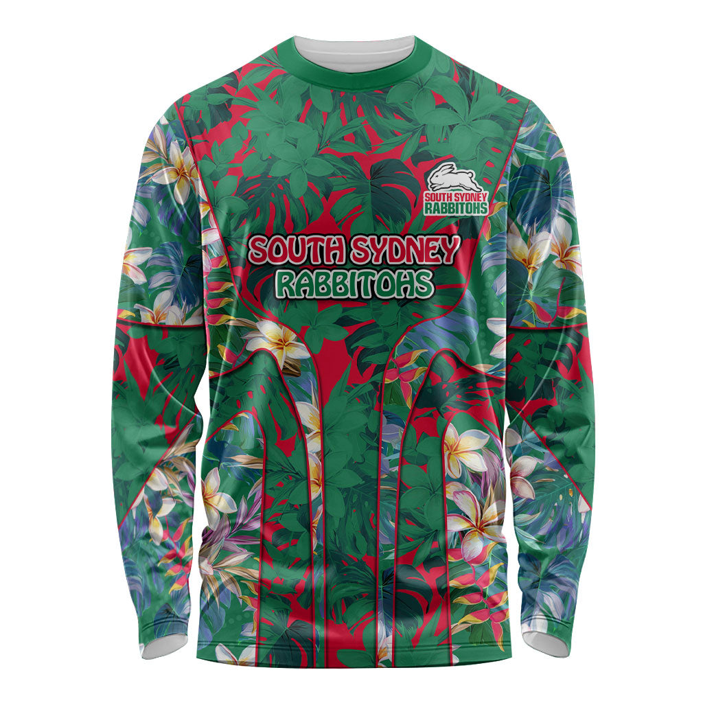South Sydney Rabbitohs Long Sleeve Shirt Tropical Hibiscus Floral Pattern With Green And Red Accents
