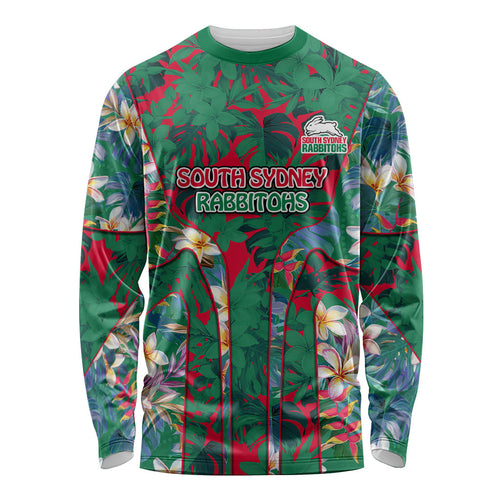 South Sydney Rabbitohs Long Sleeve Shirt Tropical Hibiscus Floral Pattern With Green And Red Accents
