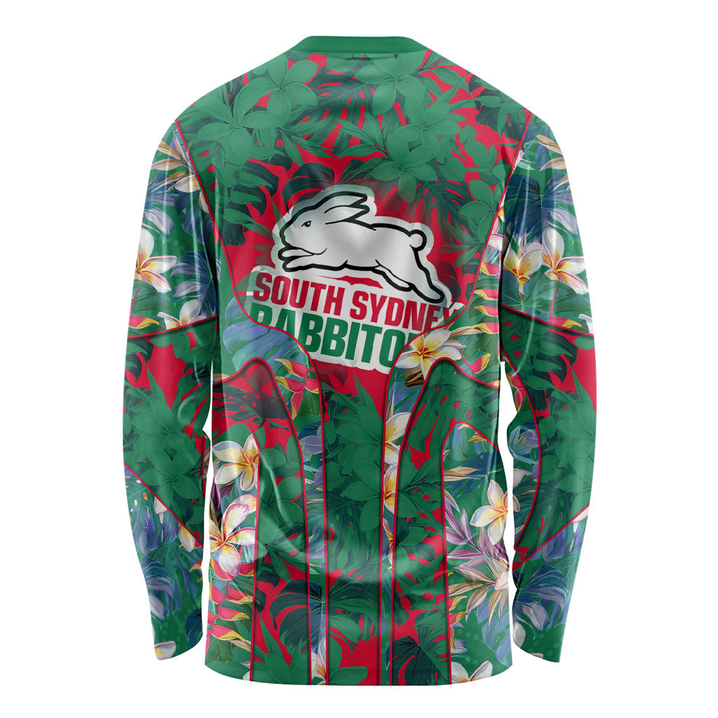 South Sydney Rabbitohs Long Sleeve Shirt Tropical Hibiscus Floral Pattern With Green And Red Accents