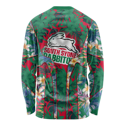 South Sydney Rabbitohs Long Sleeve Shirt Tropical Hibiscus Floral Pattern With Green And Red Accents