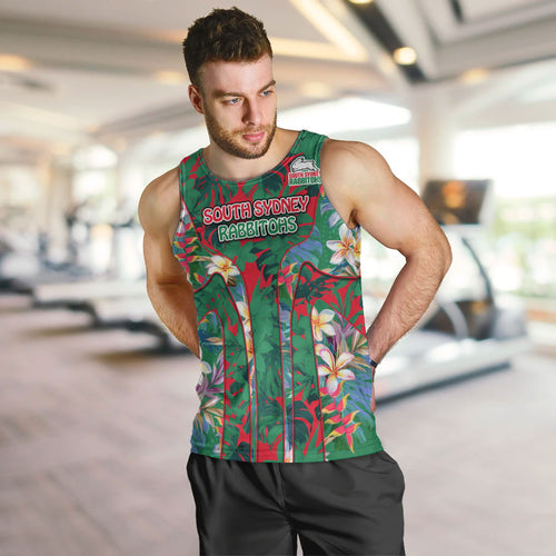 South Sydney Rabbitohs Men Tank Top Tropical Hibiscus Floral Pattern With Green And Red Accents
