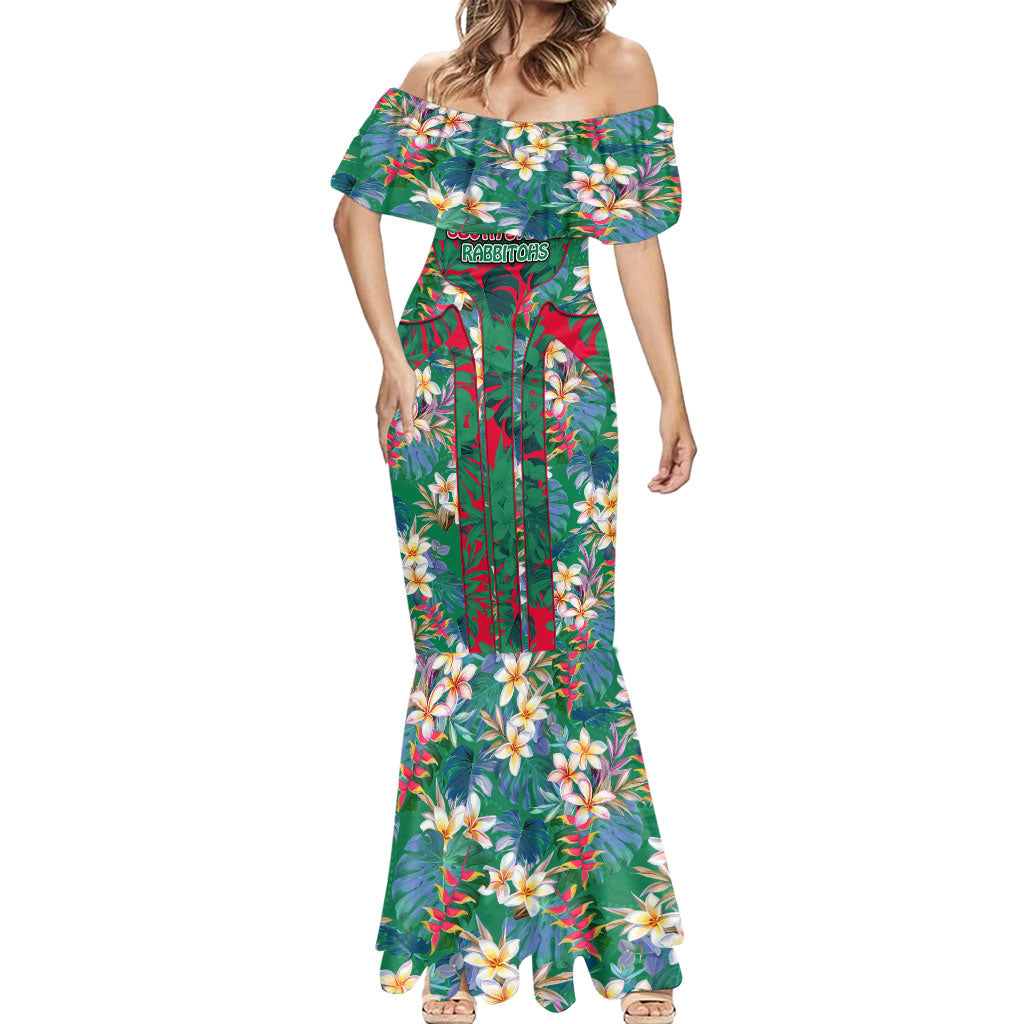 South Sydney Rabbitohs Mermaid Dress Tropical Hibiscus Floral Pattern With Green And Red Accents