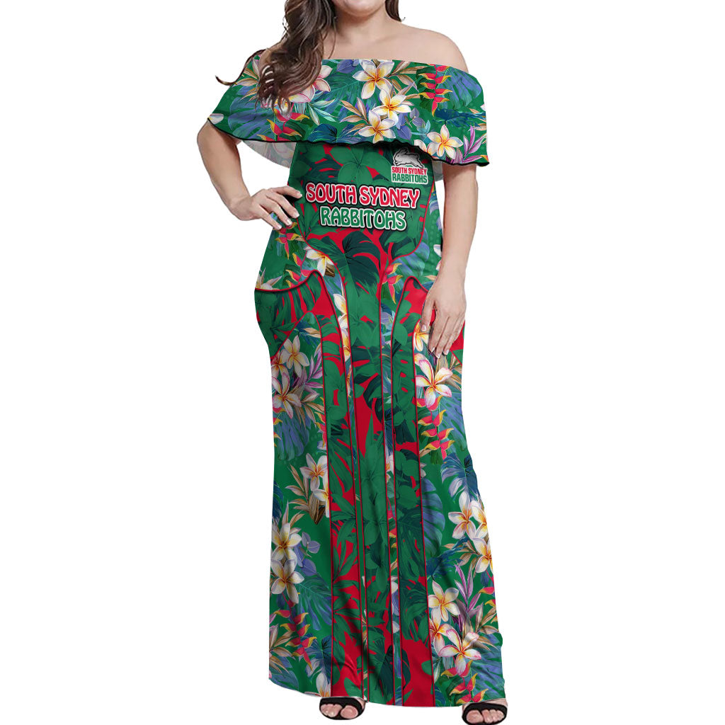 South Sydney Rabbitohs Off Shoulder Maxi Dress Tropical Hibiscus Floral Pattern With Green And Red Accents