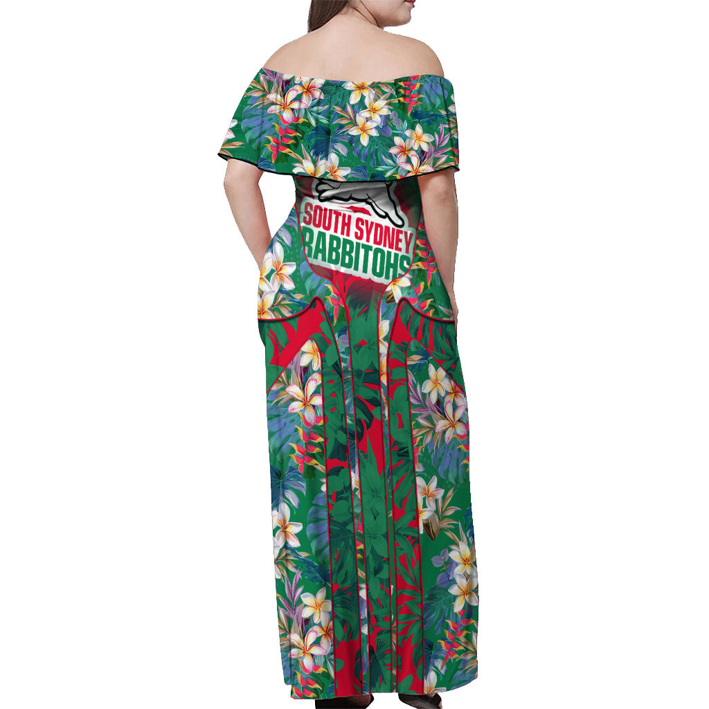 South Sydney Rabbitohs Off Shoulder Maxi Dress Tropical Hibiscus Floral Pattern With Green And Red Accents