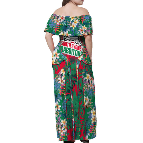 South Sydney Rabbitohs Off Shoulder Maxi Dress Tropical Hibiscus Floral Pattern With Green And Red Accents
