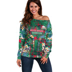 South Sydney Rabbitohs Off Shoulder Sweater Tropical Hibiscus Floral Pattern With Green And Red Accents