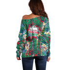 South Sydney Rabbitohs Off Shoulder Sweater Tropical Hibiscus Floral Pattern With Green And Red Accents