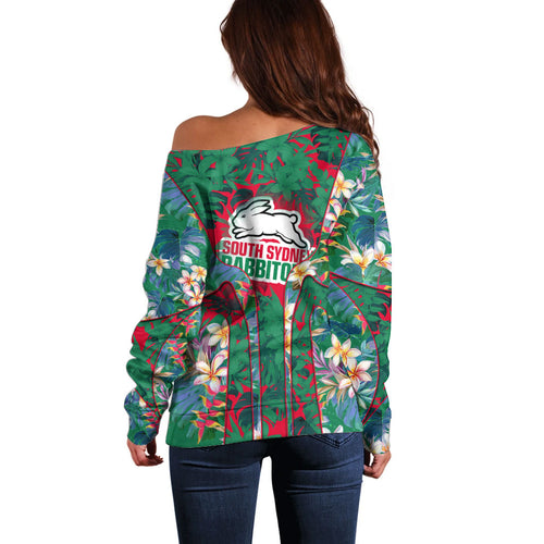 South Sydney Rabbitohs Off Shoulder Sweater Tropical Hibiscus Floral Pattern With Green And Red Accents