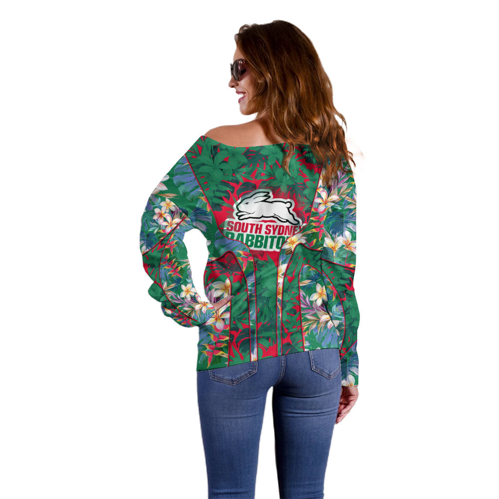 South Sydney Rabbitohs Off Shoulder Sweater Tropical Hibiscus Floral Pattern With Green And Red Accents