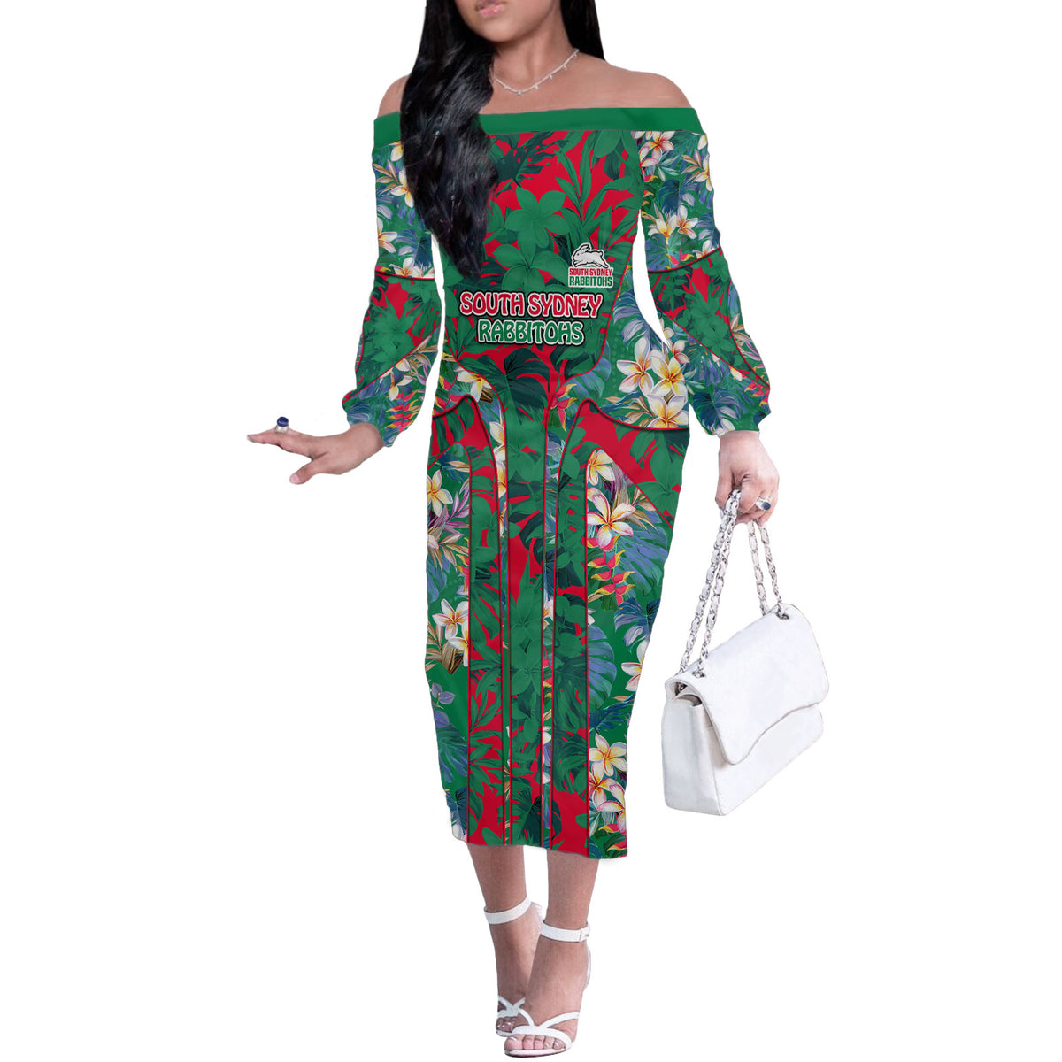 South Sydney Rabbitohs Off The Shoulder Long Sleeve Dress Tropical Hibiscus Floral Pattern With Green And Red Accents