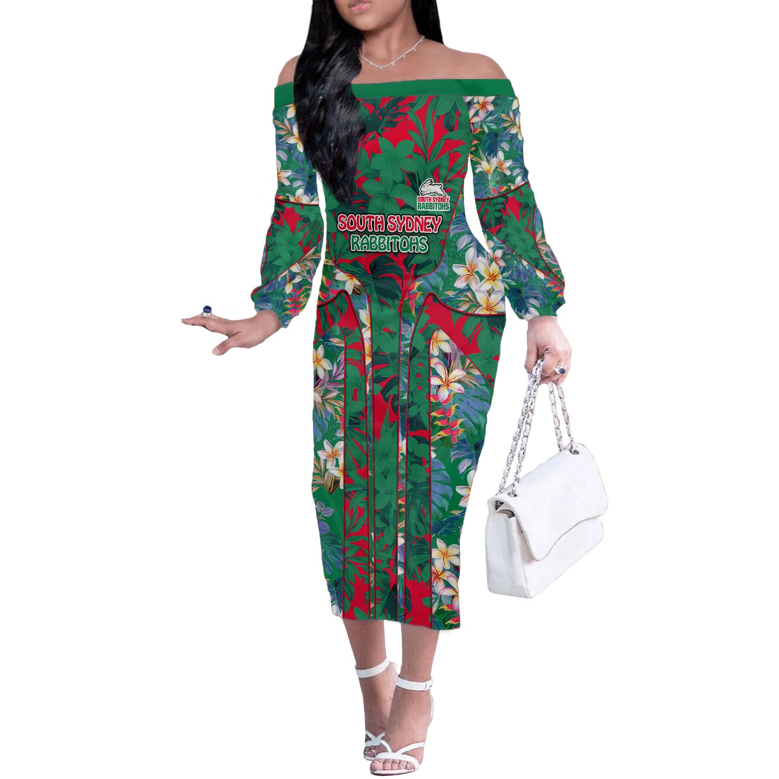 South Sydney Rabbitohs Off The Shoulder Long Sleeve Dress Tropical Hibiscus Floral Pattern With Green And Red Accents