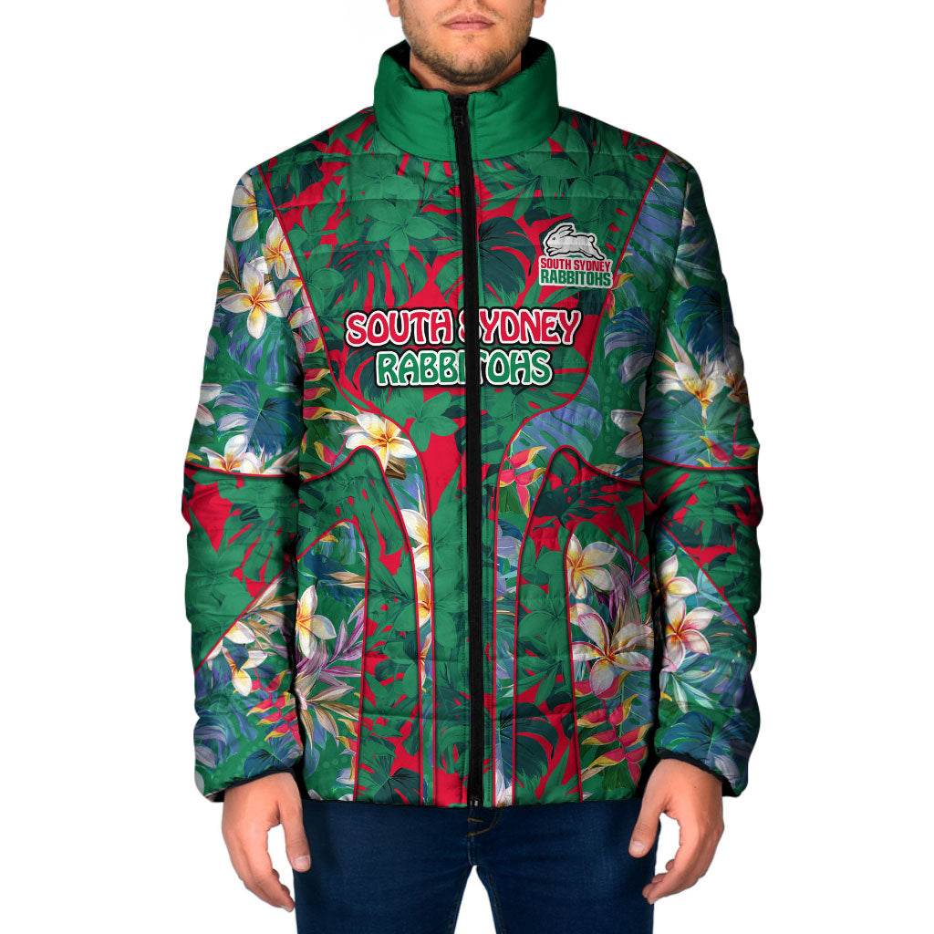 South Sydney Rabbitohs Padded Jacket Tropical Hibiscus Floral Pattern With Green And Red Accents