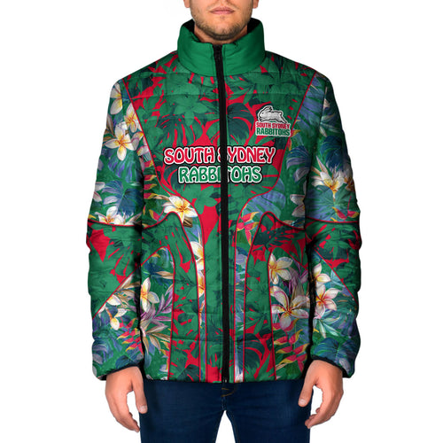 South Sydney Rabbitohs Padded Jacket Tropical Hibiscus Floral Pattern With Green And Red Accents