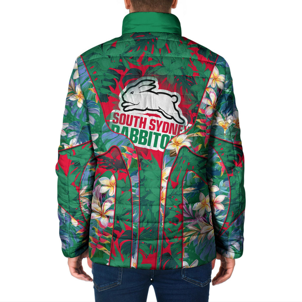 South Sydney Rabbitohs Padded Jacket Tropical Hibiscus Floral Pattern With Green And Red Accents