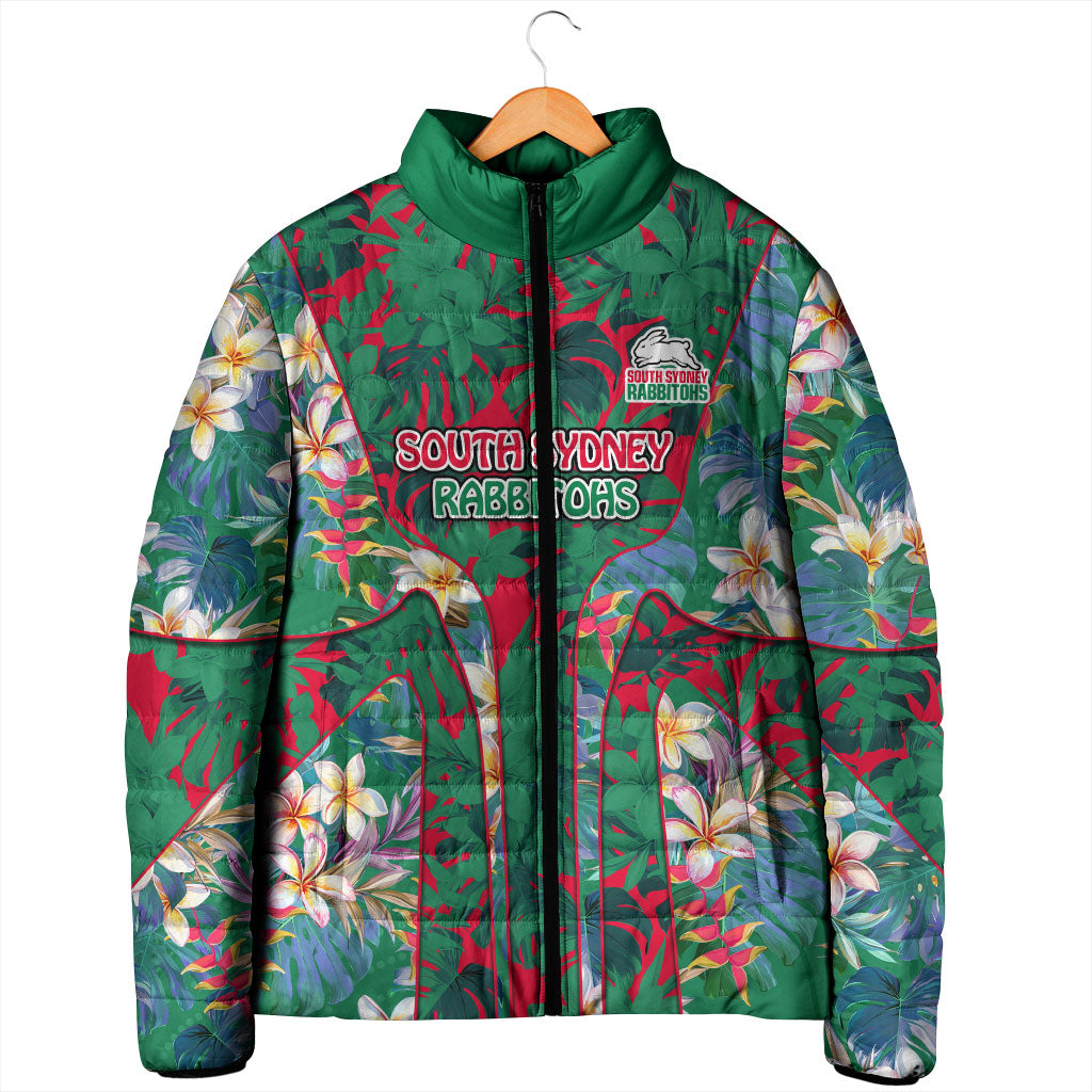 South Sydney Rabbitohs Padded Jacket Tropical Hibiscus Floral Pattern With Green And Red Accents