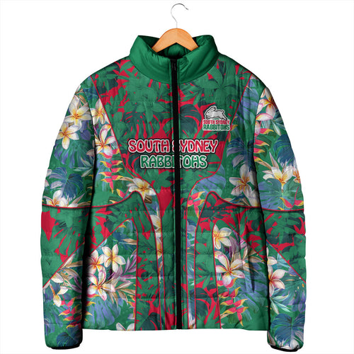 South Sydney Rabbitohs Padded Jacket Tropical Hibiscus Floral Pattern With Green And Red Accents