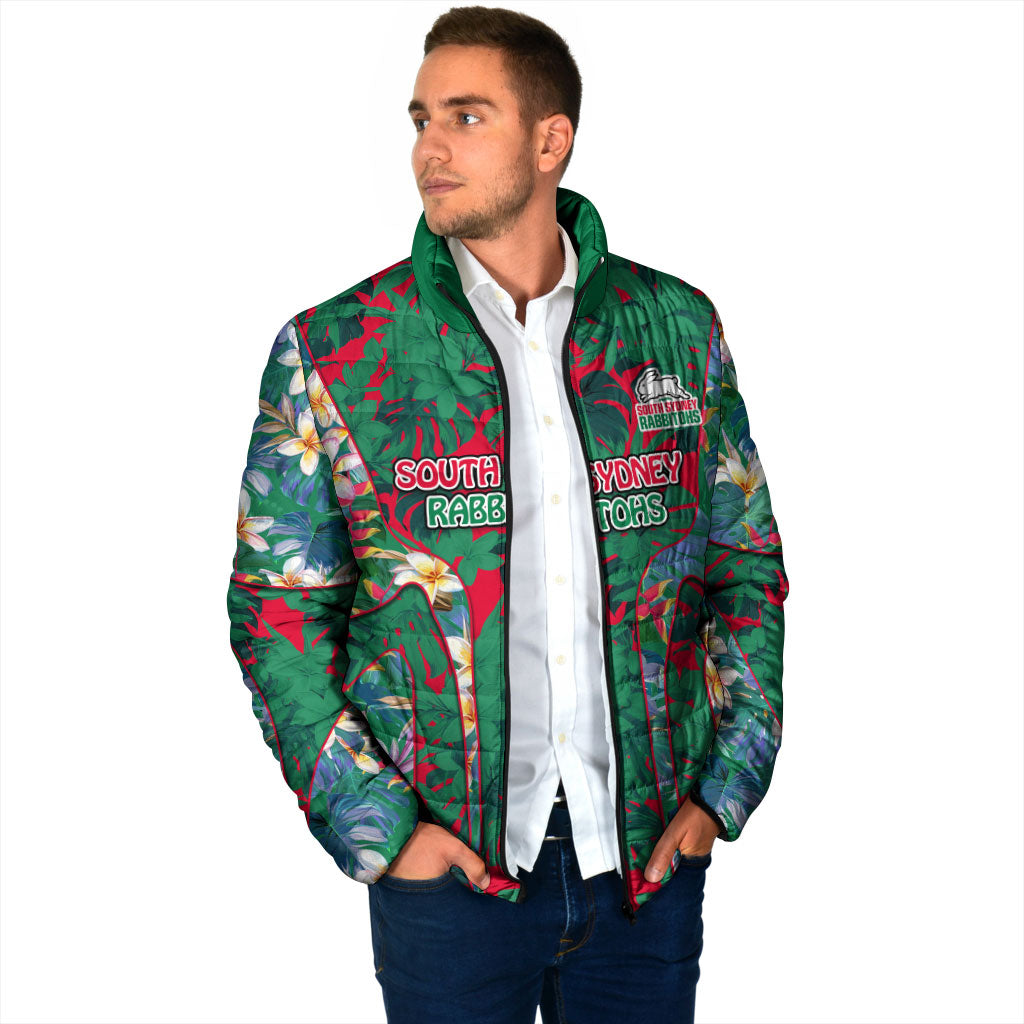 South Sydney Rabbitohs Padded Jacket Tropical Hibiscus Floral Pattern With Green And Red Accents