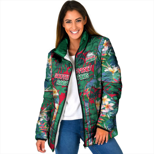 South Sydney Rabbitohs Padded Jacket Tropical Hibiscus Floral Pattern With Green And Red Accents