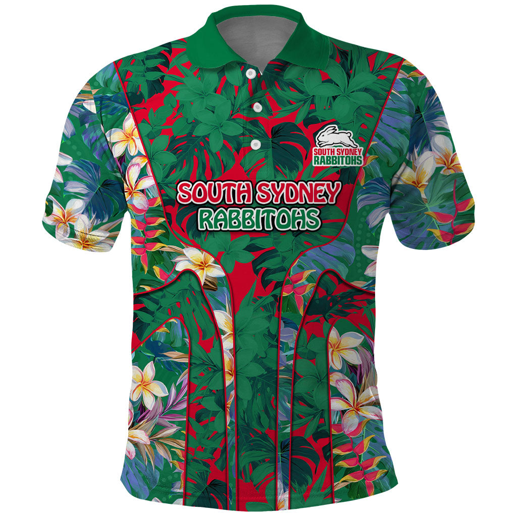 South Sydney Rabbitohs Polo Shirt Tropical Hibiscus Floral Pattern With Green And Red Accents