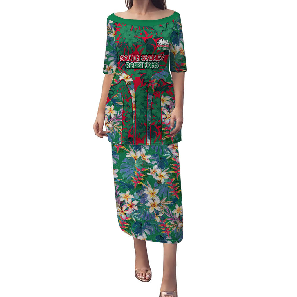 South Sydney Rabbitohs Puletasi Tropical Hibiscus Floral Pattern With Green And Red Accents