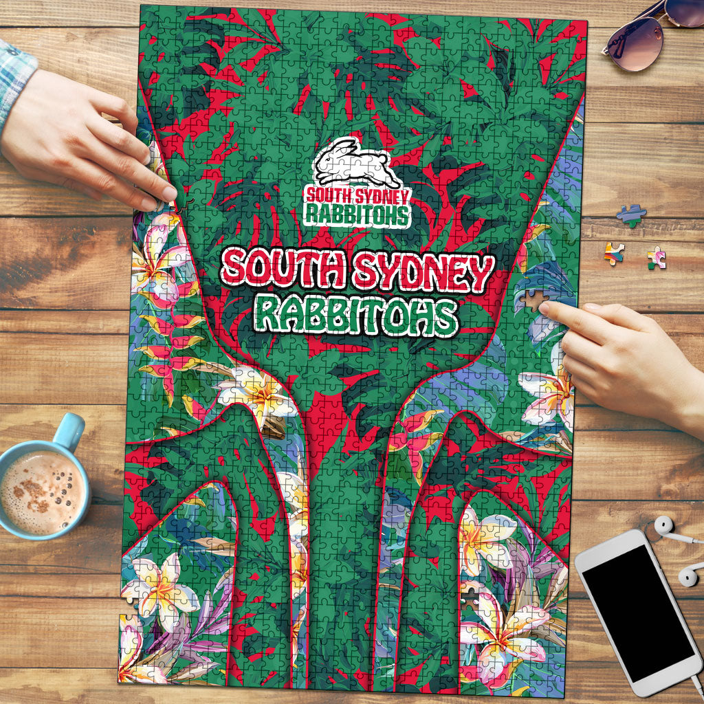 South Sydney Rabbitohs Puzzle Tropical Hibiscus Floral Pattern With Green And Red Accents