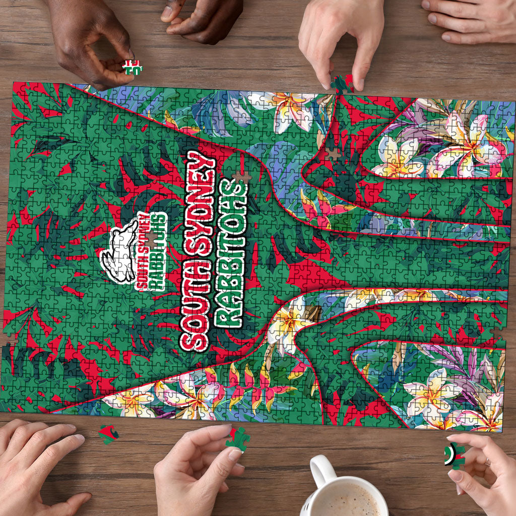 South Sydney Rabbitohs Puzzle Tropical Hibiscus Floral Pattern With Green And Red Accents