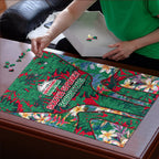 South Sydney Rabbitohs Puzzle Tropical Hibiscus Floral Pattern With Green And Red Accents