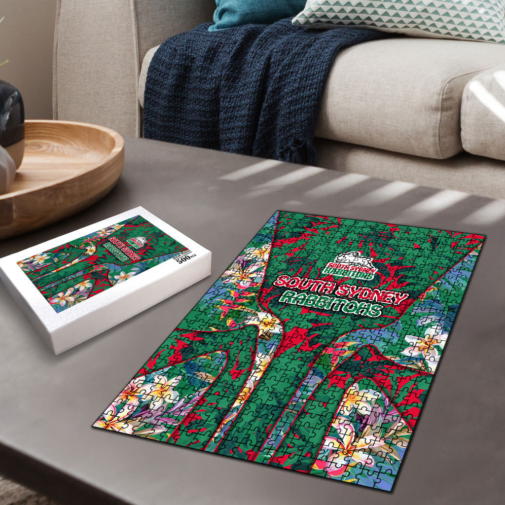 South Sydney Rabbitohs Puzzle Tropical Hibiscus Floral Pattern With Green And Red Accents