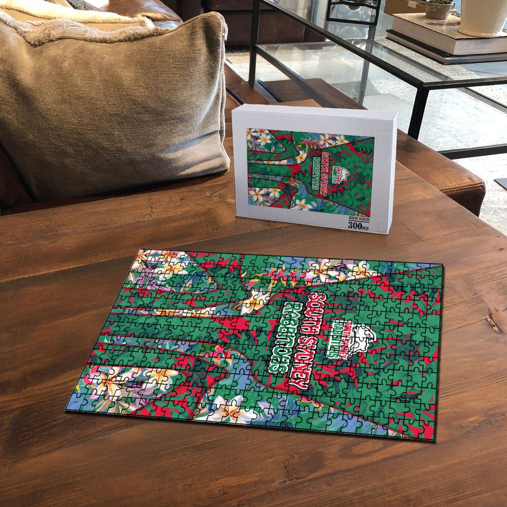 South Sydney Rabbitohs Puzzle Tropical Hibiscus Floral Pattern With Green And Red Accents