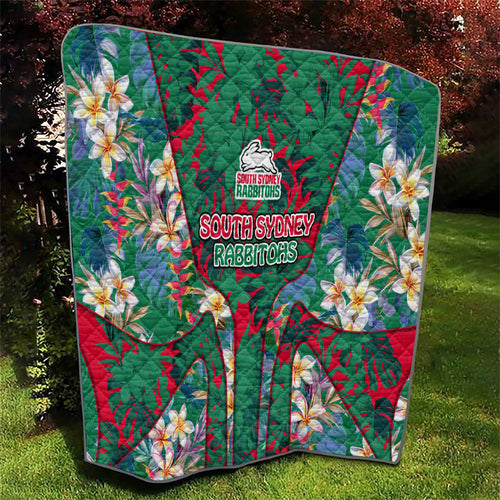 South Sydney Rabbitohs Quilt Tropical Hibiscus Floral Pattern With Green And Red Accents