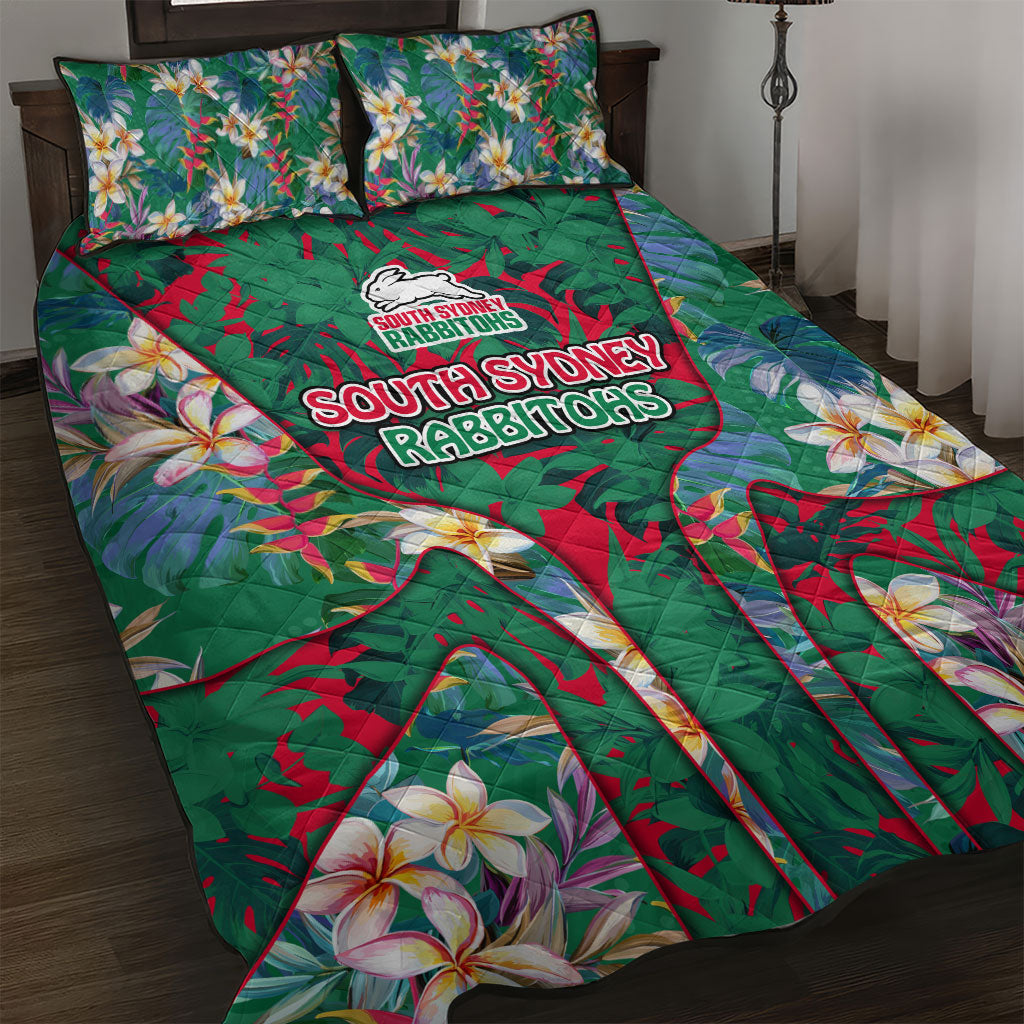 South Sydney Rabbitohs Quilt Bed Set Tropical Hibiscus Floral Pattern With Green And Red Accents