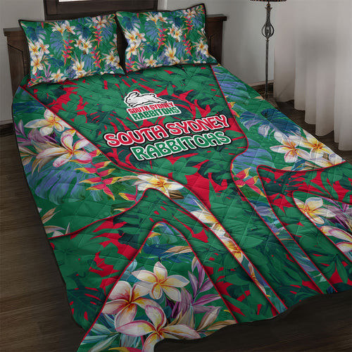 South Sydney Rabbitohs Quilt Bed Set Tropical Hibiscus Floral Pattern With Green And Red Accents