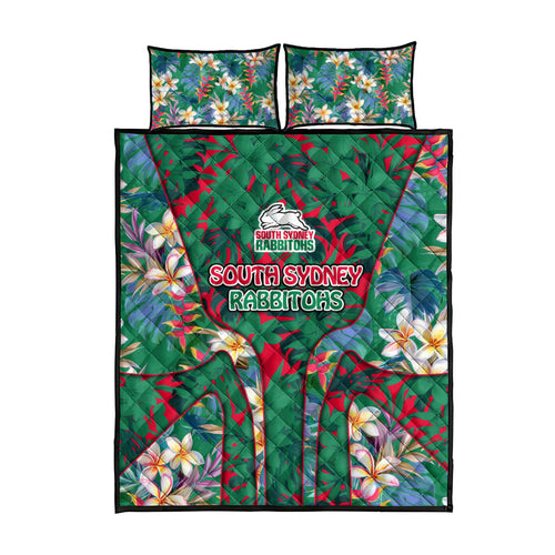 South Sydney Rabbitohs Quilt Bed Set Tropical Hibiscus Floral Pattern With Green And Red Accents