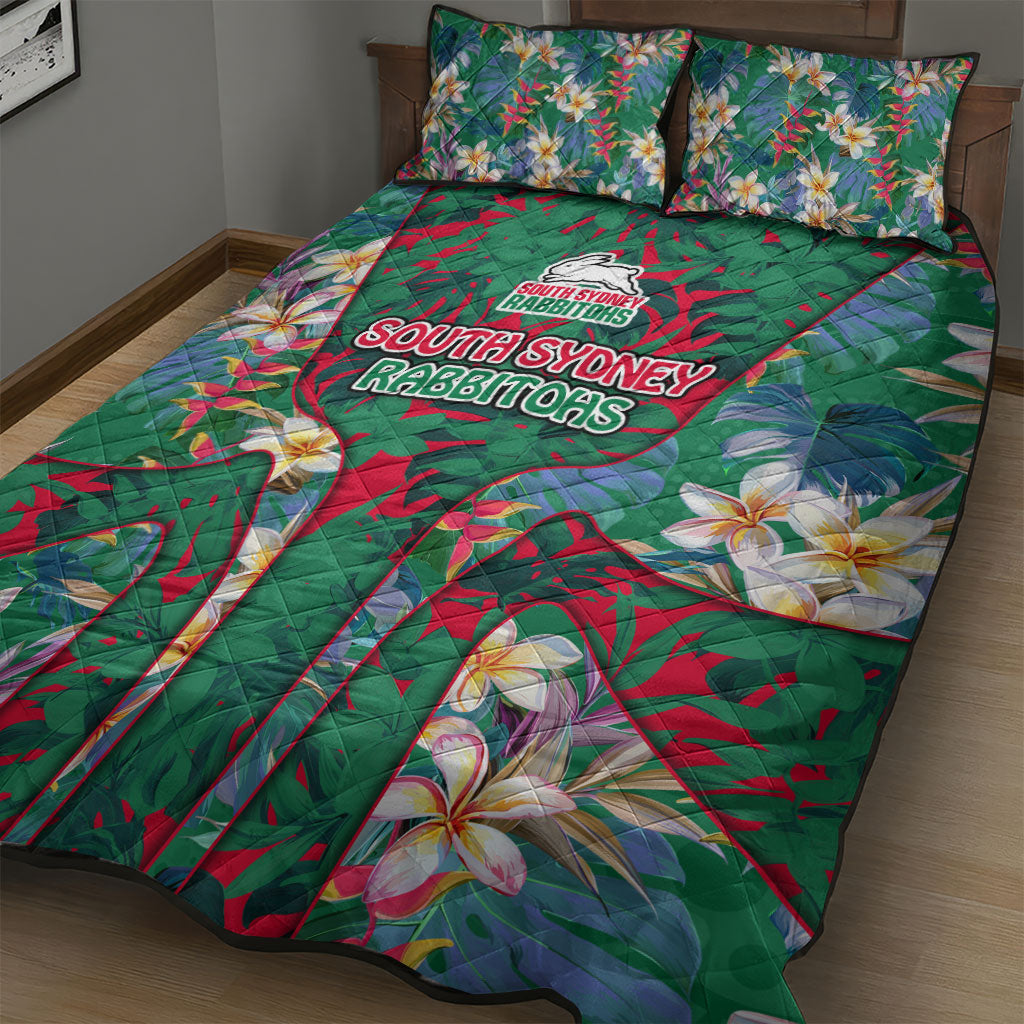 South Sydney Rabbitohs Quilt Bed Set Tropical Hibiscus Floral Pattern With Green And Red Accents