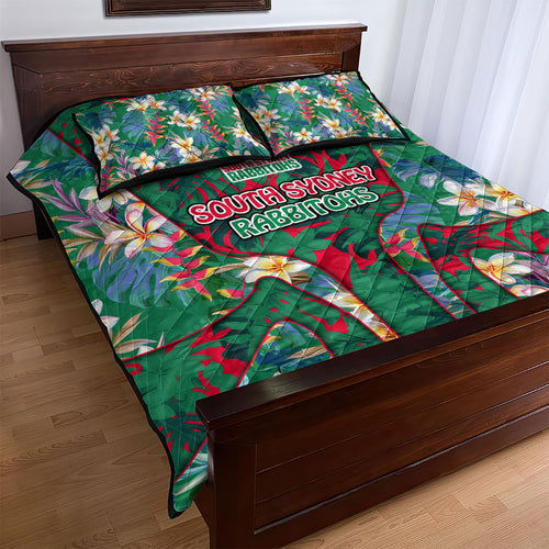 South Sydney Rabbitohs Quilt Bed Set Tropical Hibiscus Floral Pattern With Green And Red Accents