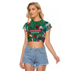 South Sydney Rabbitohs Raglan Cropped T Shirt Tropical Hibiscus Floral Pattern With Green And Red Accents