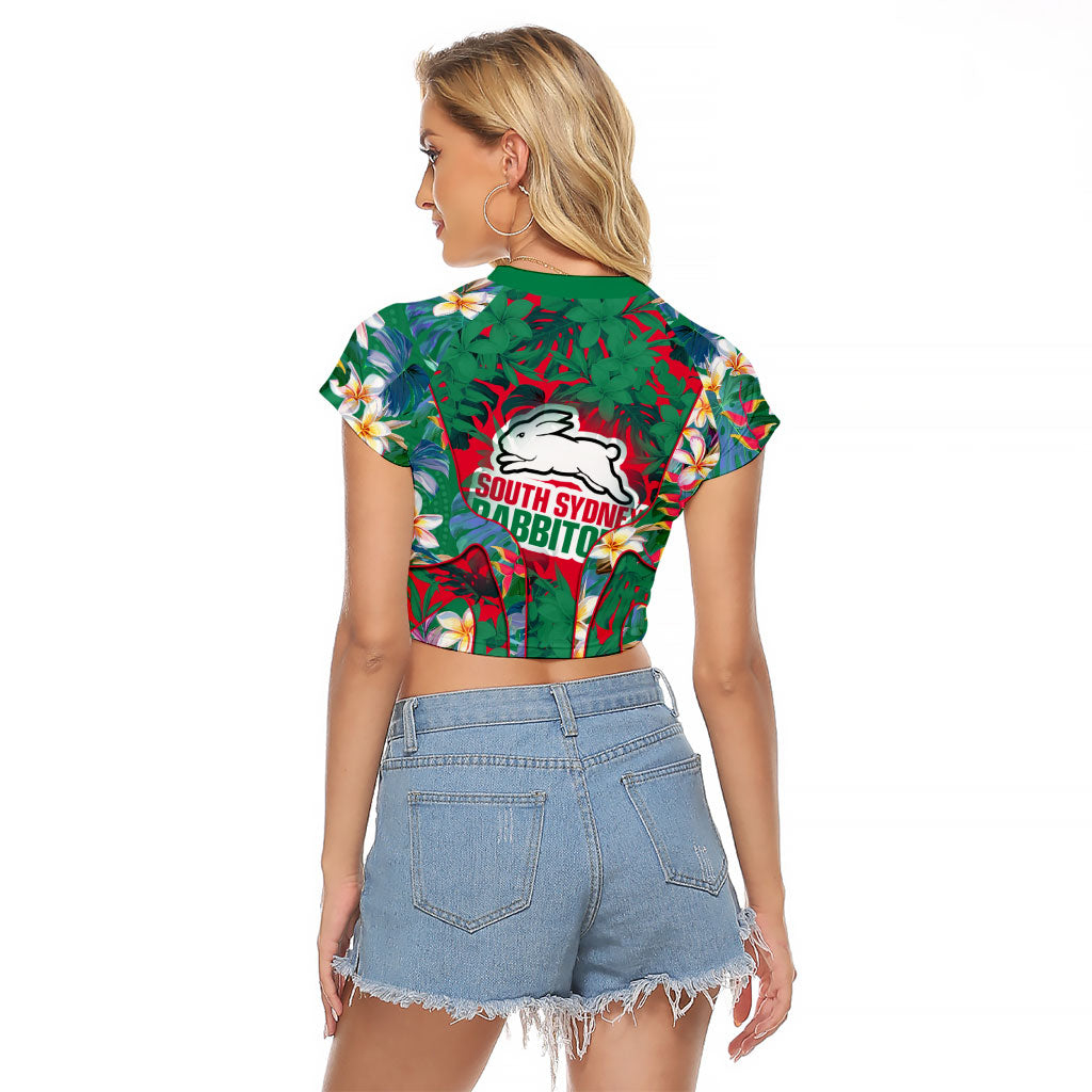 South Sydney Rabbitohs Raglan Cropped T Shirt Tropical Hibiscus Floral Pattern With Green And Red Accents