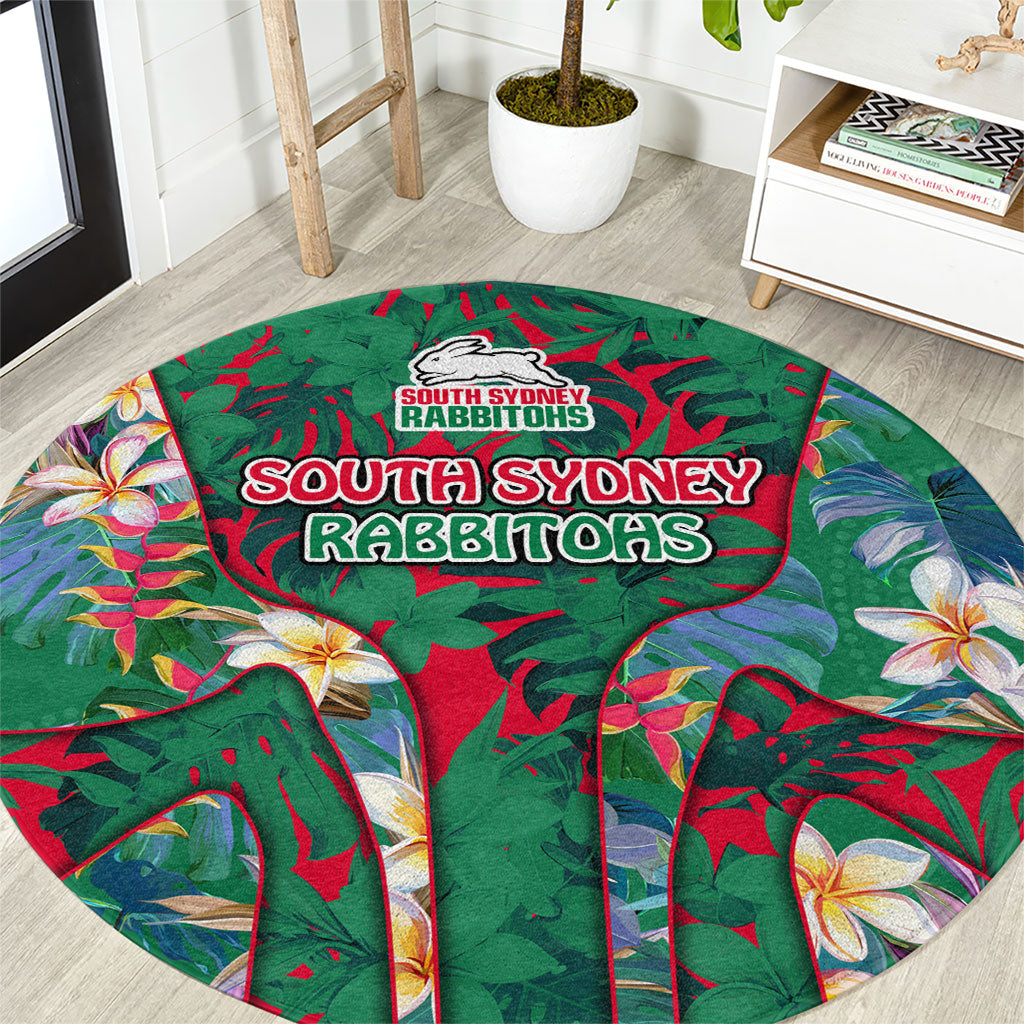 South Sydney Rabbitohs Round Carpet Tropical Hibiscus Floral Pattern With Green And Red Accents