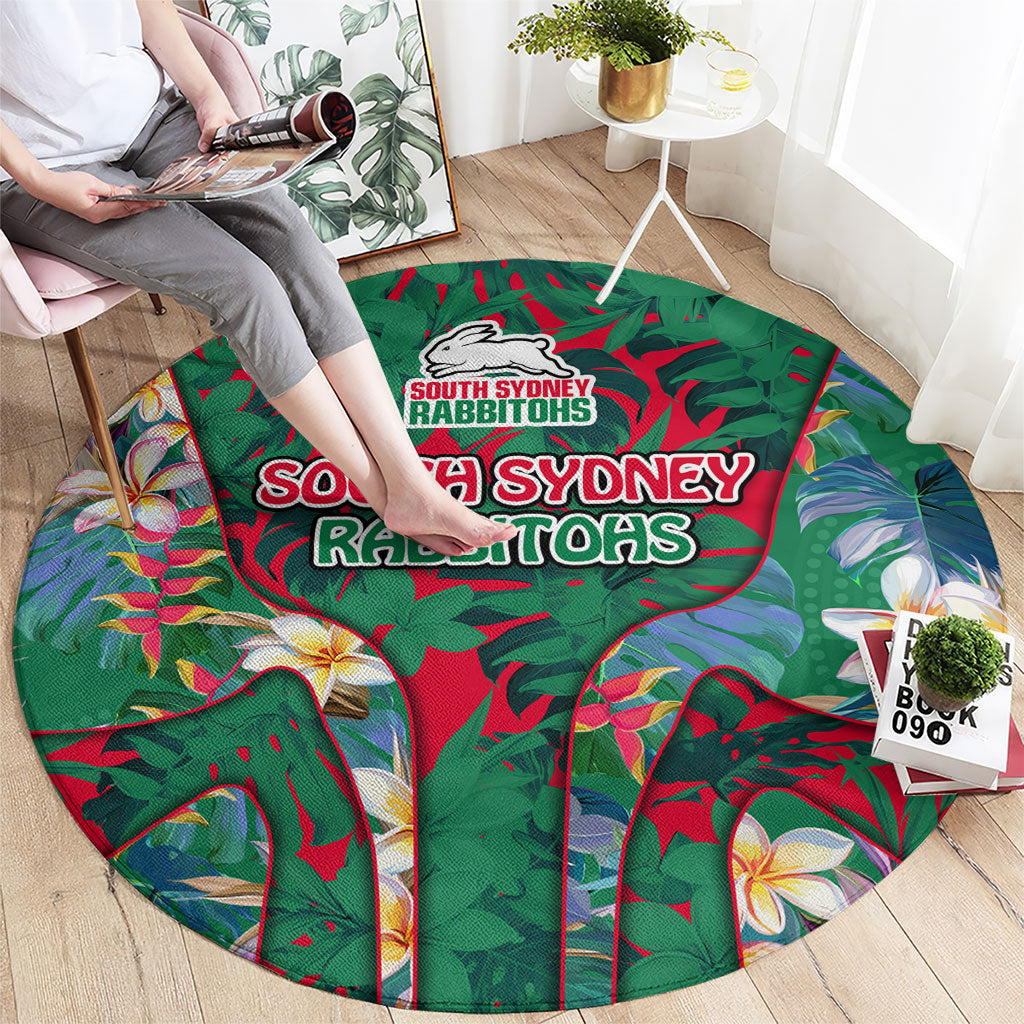 South Sydney Rabbitohs Round Carpet Tropical Hibiscus Floral Pattern With Green And Red Accents