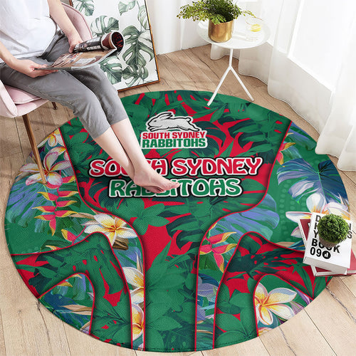 South Sydney Rabbitohs Round Carpet Tropical Hibiscus Floral Pattern With Green And Red Accents