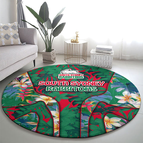 South Sydney Rabbitohs Round Carpet Tropical Hibiscus Floral Pattern With Green And Red Accents