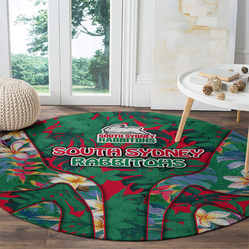South Sydney Rabbitohs Round Carpet Tropical Hibiscus Floral Pattern With Green And Red Accents