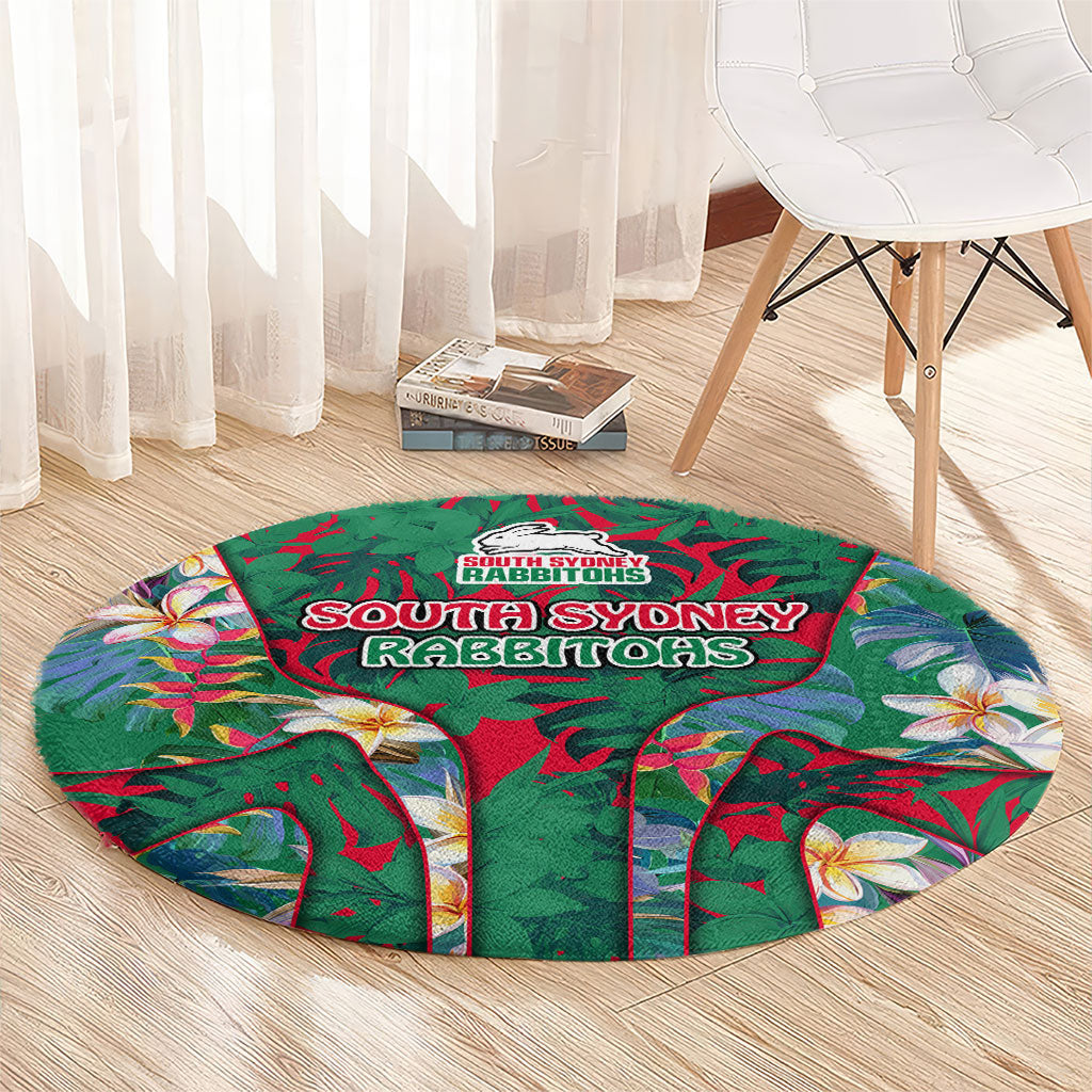 South Sydney Rabbitohs Round Carpet Tropical Hibiscus Floral Pattern With Green And Red Accents
