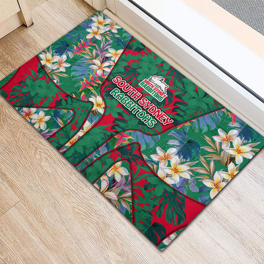South Sydney Rabbitohs Rubber Doormat Tropical Hibiscus Floral Pattern With Green And Red Accents